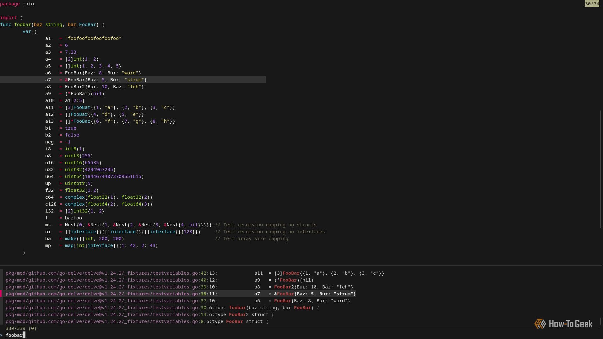 Une fenêtre de terminal qui se divise horizontalement. La moitié supérieure affiche le code avec la mise en évidence de la syntaxe. La moitié inférieure affiche une liste des chemins de fichier.