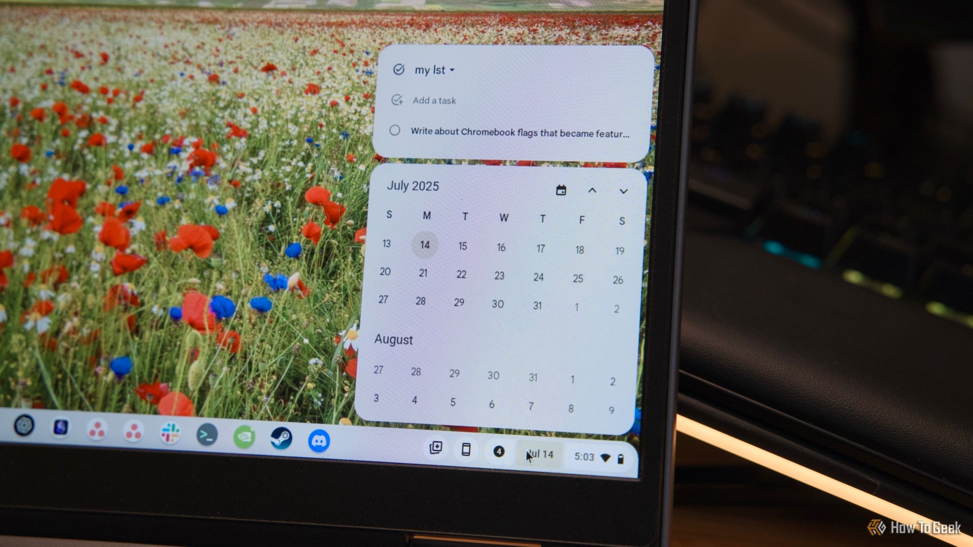 The calendar and task view in ChromeOS' system tray.