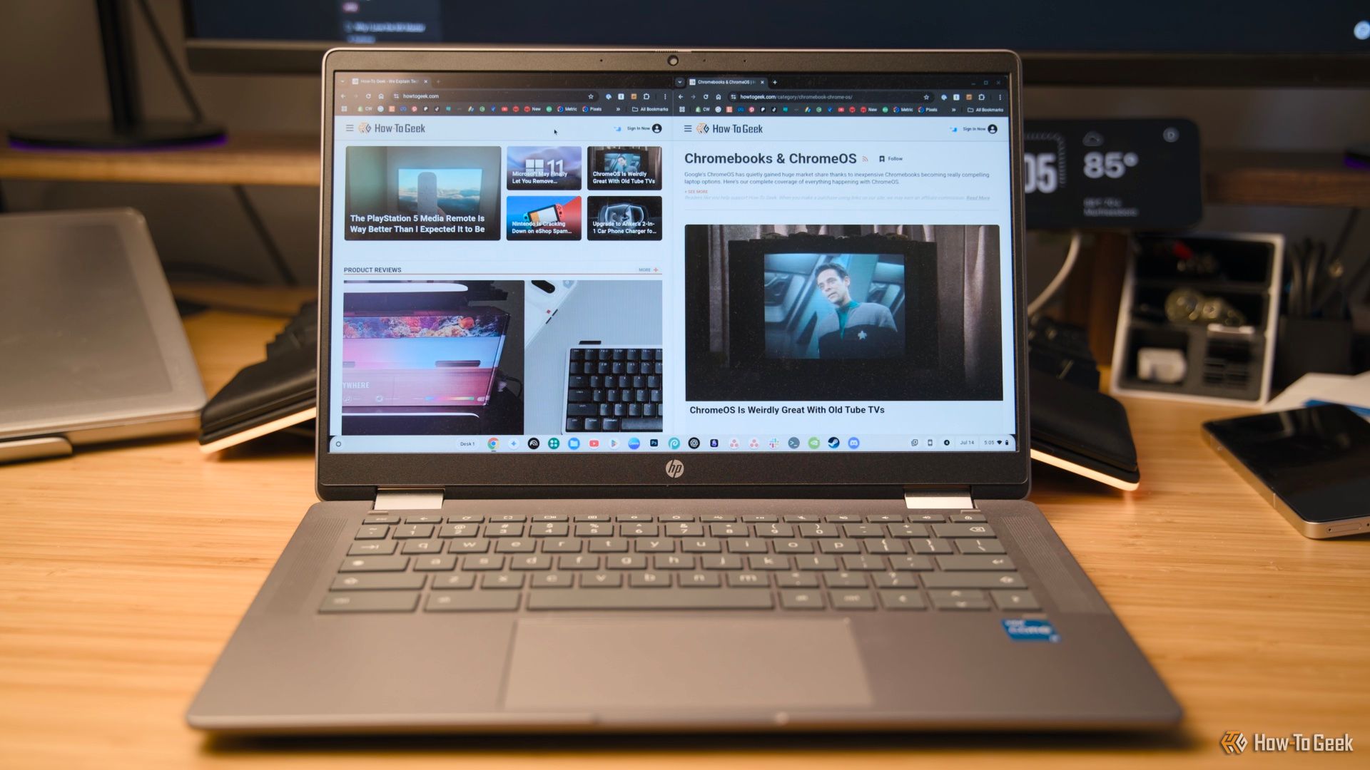A Chromebook with two windows split side by side.