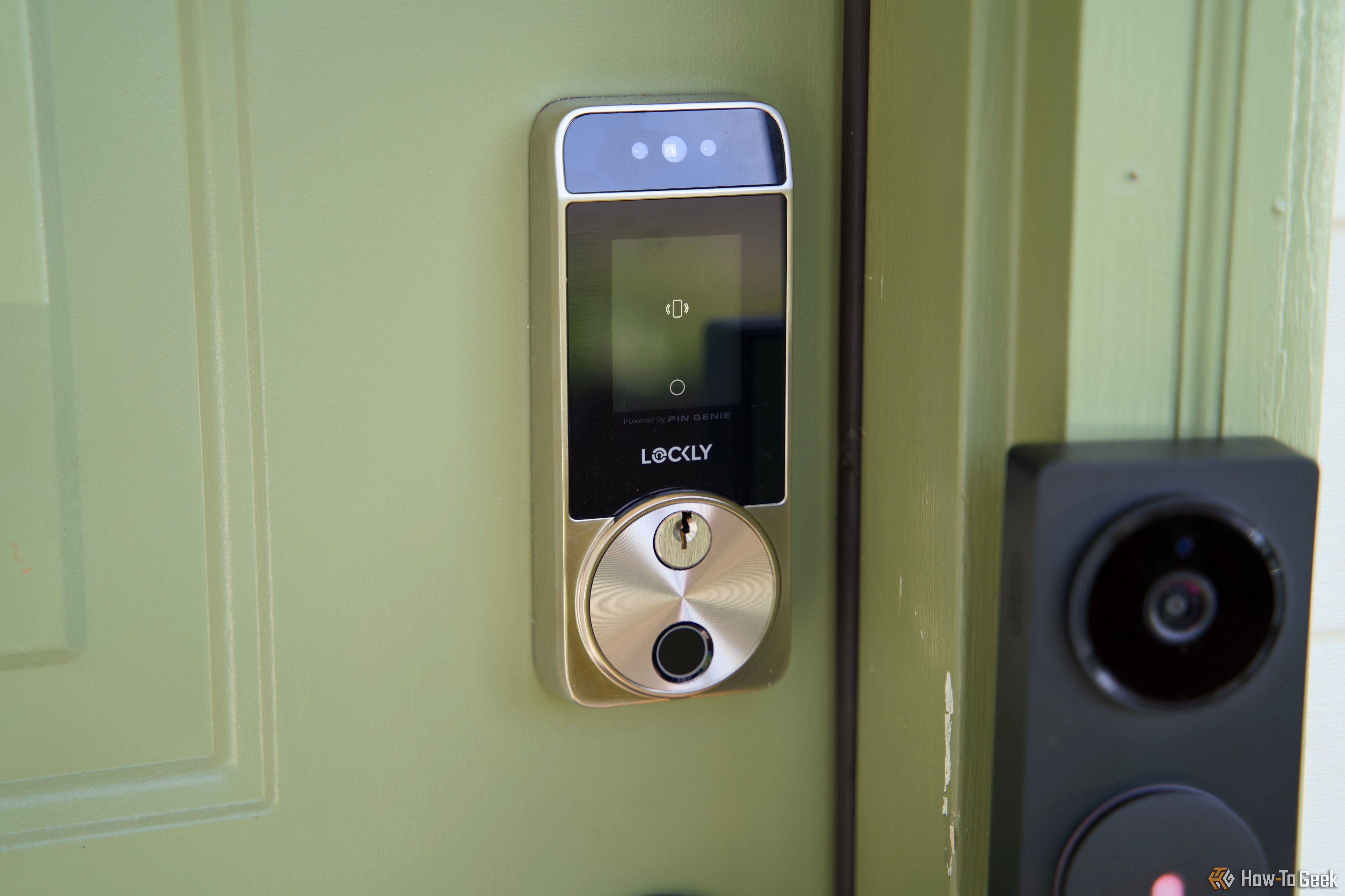 An angled view of the Lockly Visage smart lock.