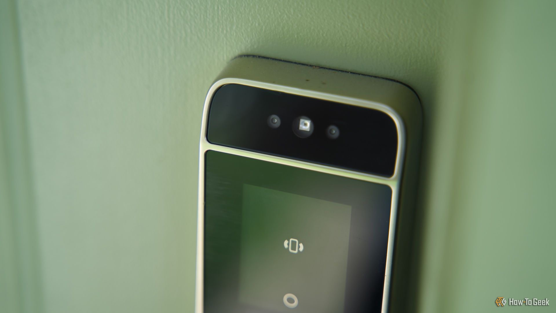 The facial recognition camera and infrared sensors of the Lockly Visage smart lock.