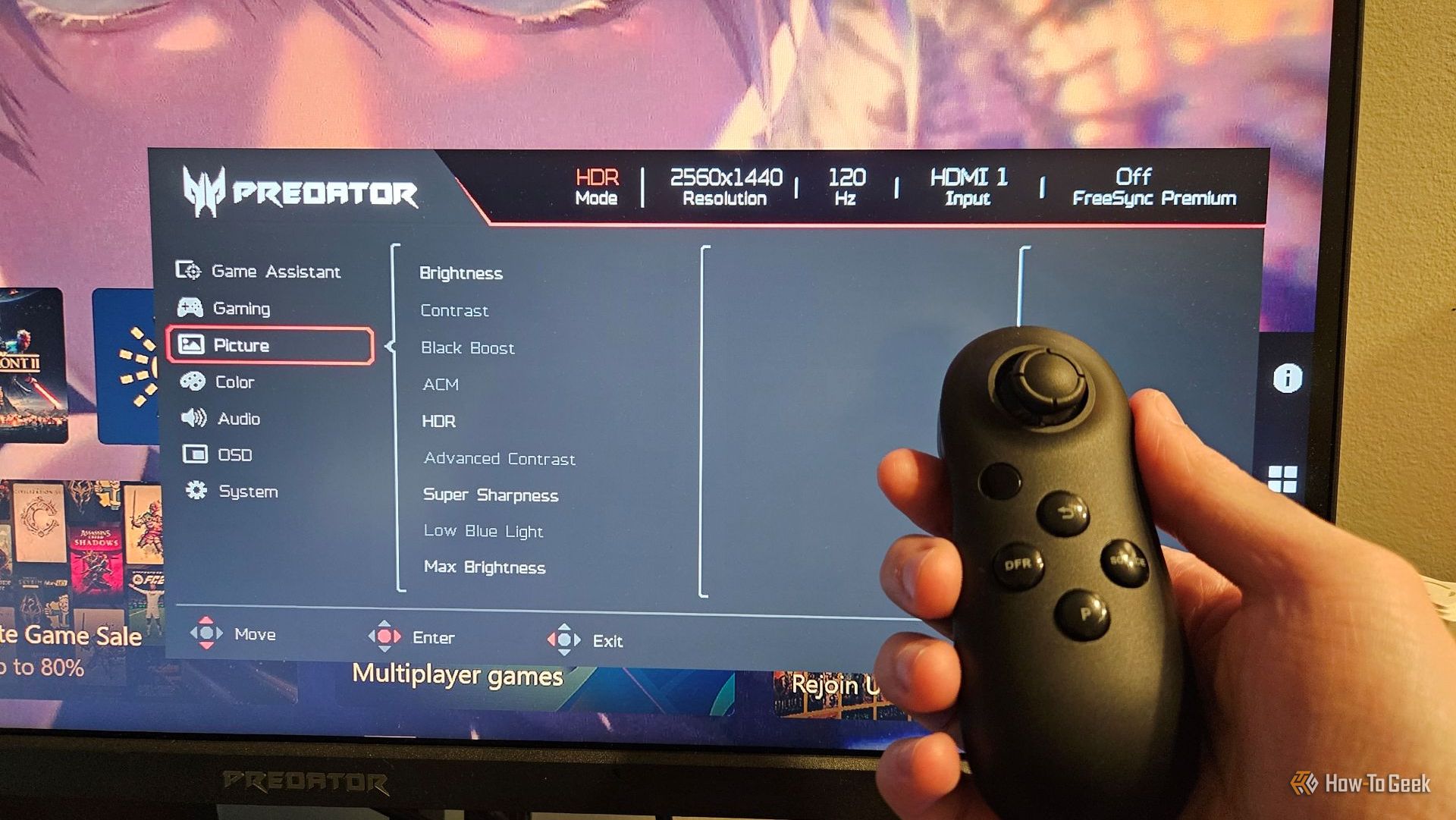 The Acer Predator XB273K V5 remote and menu.