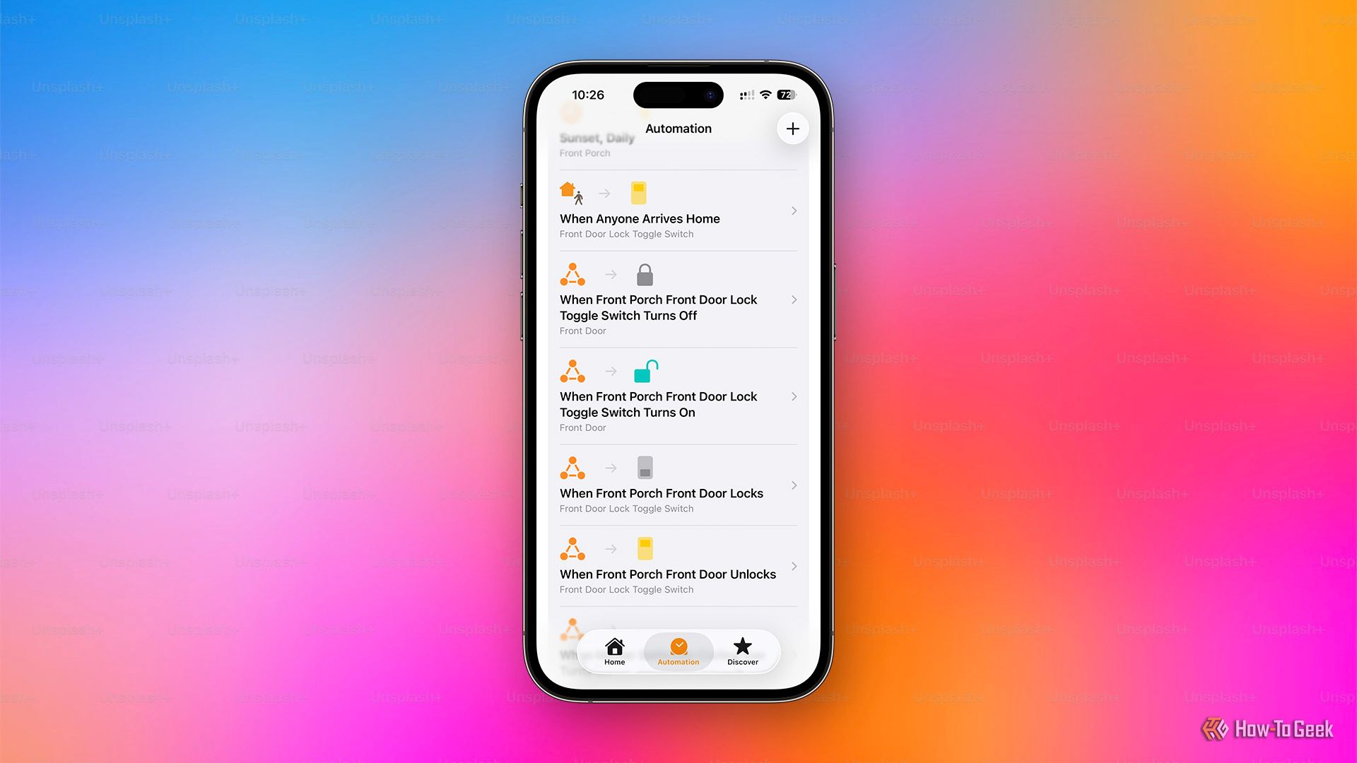 Apple HomeKit app showing automations to automatically unlock a door when arriving home.