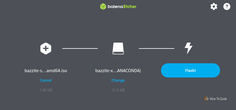 Balena Etcher with a Bazzite ISO loaded and a USB drive selected for flashing.
