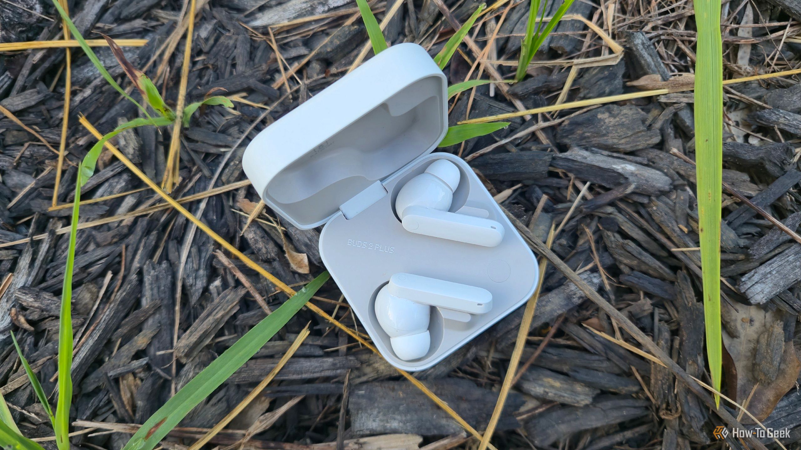 CMF Buds 2 Pro in a case among mulch and blades of graaa.