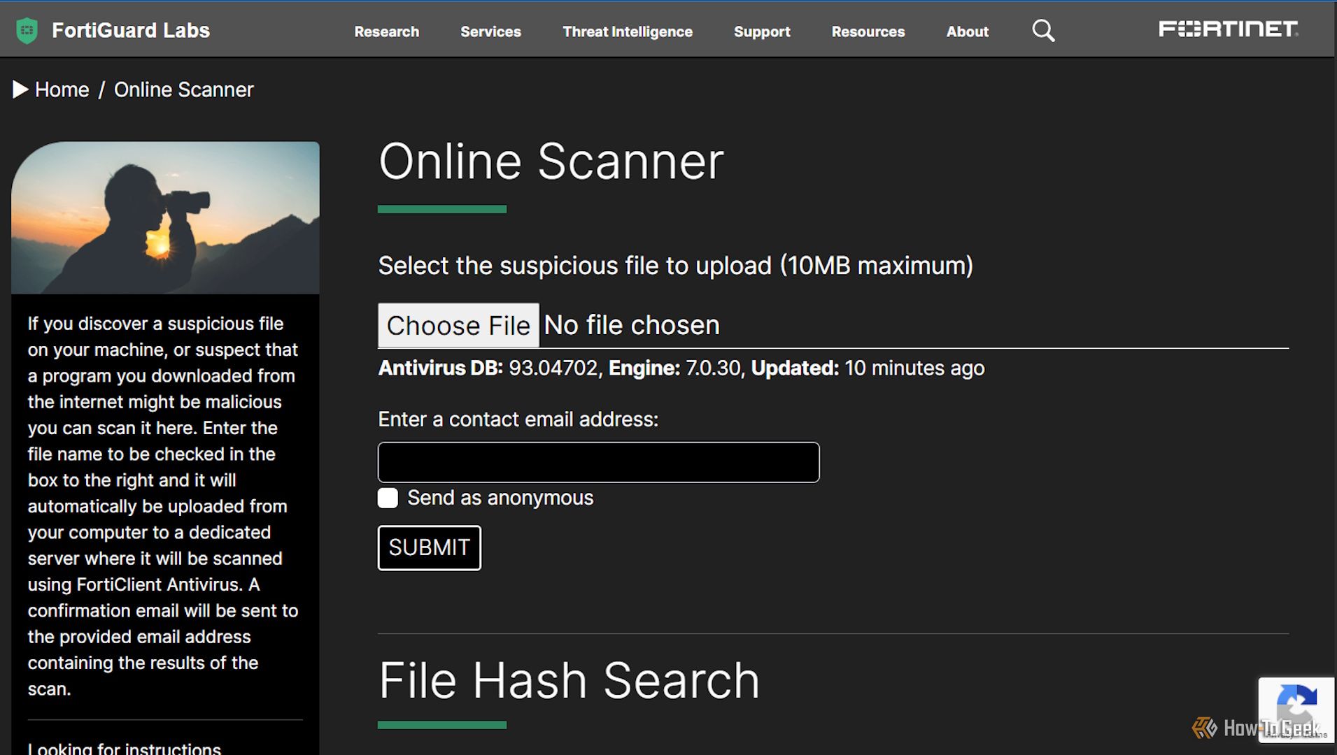 Image showing FortiGuard Labs File Scanner homepage