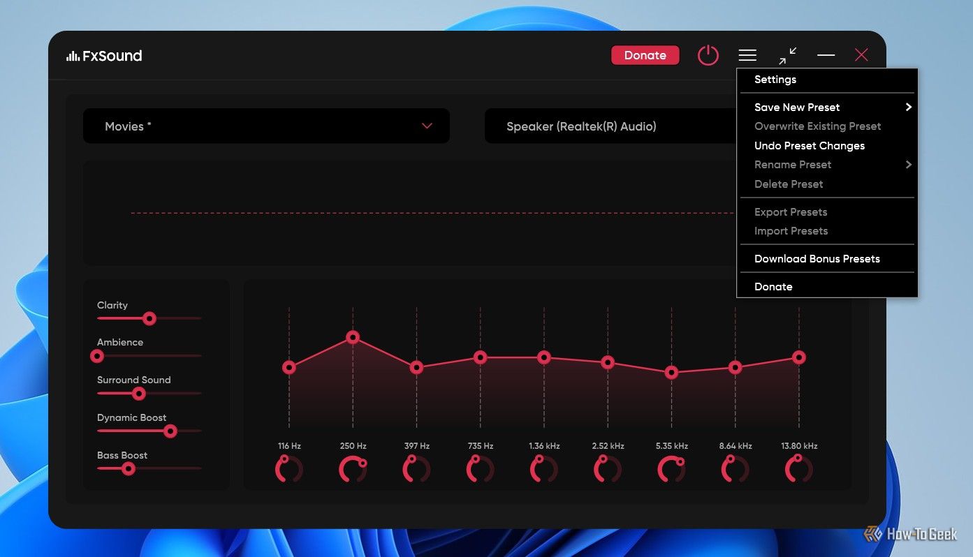 Hamburger menu of the FxSound app.-1