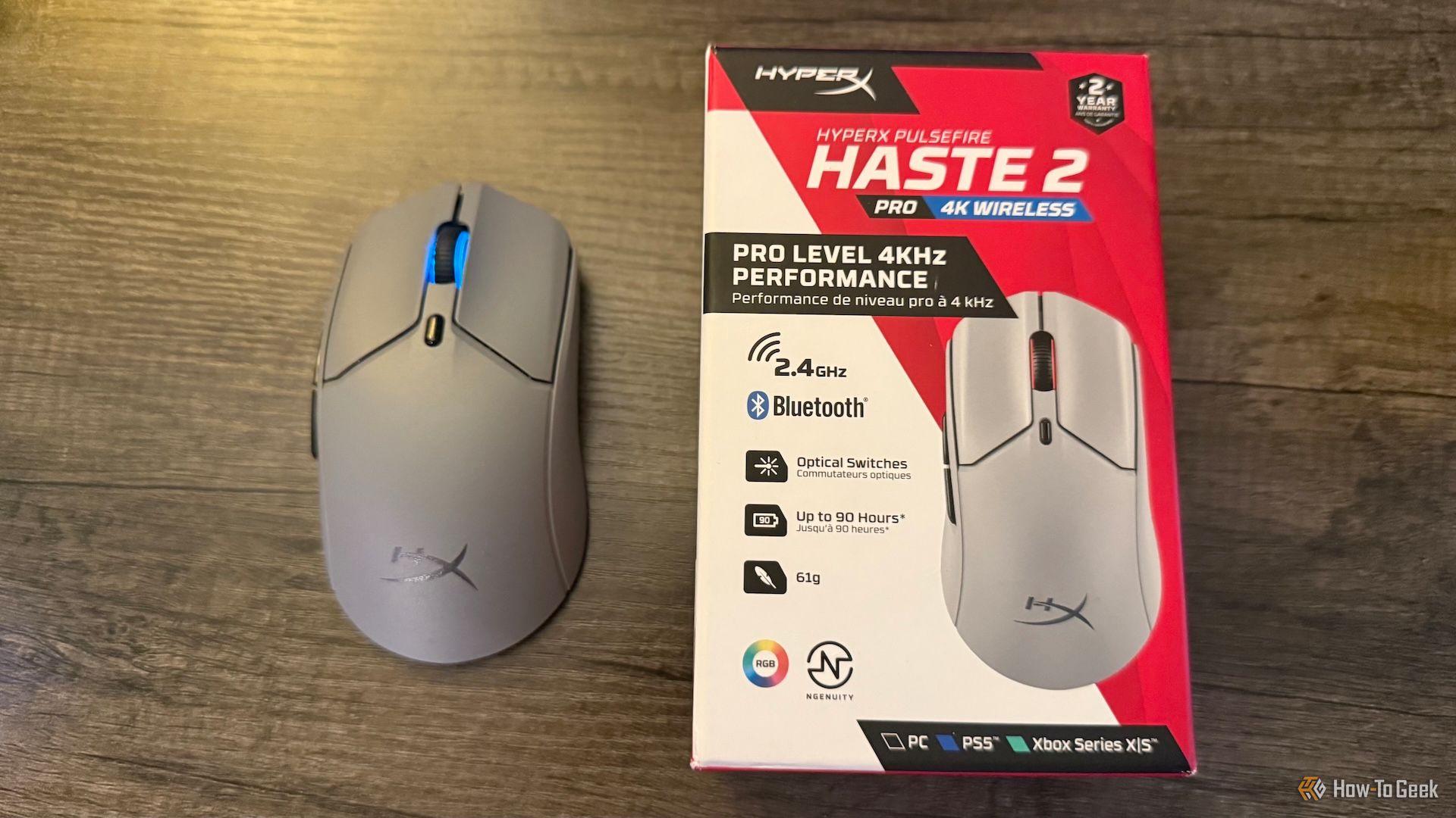 Hyperx Pulsfire Hast 2 Pro from top and its box on a table.