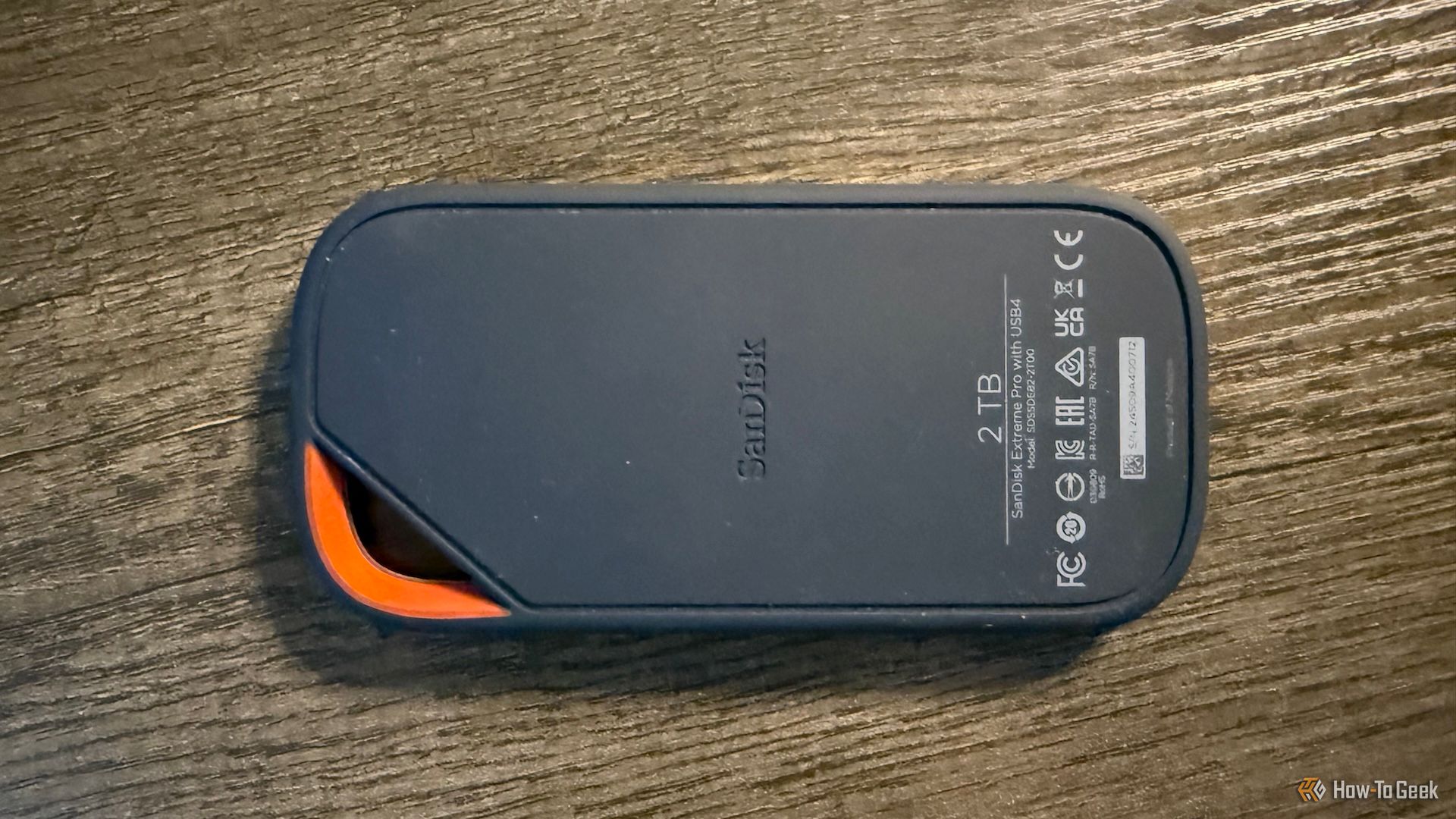 The silicone bottom of the 2 TB SanDisk Extreme PRO Portable SSD with USB4.