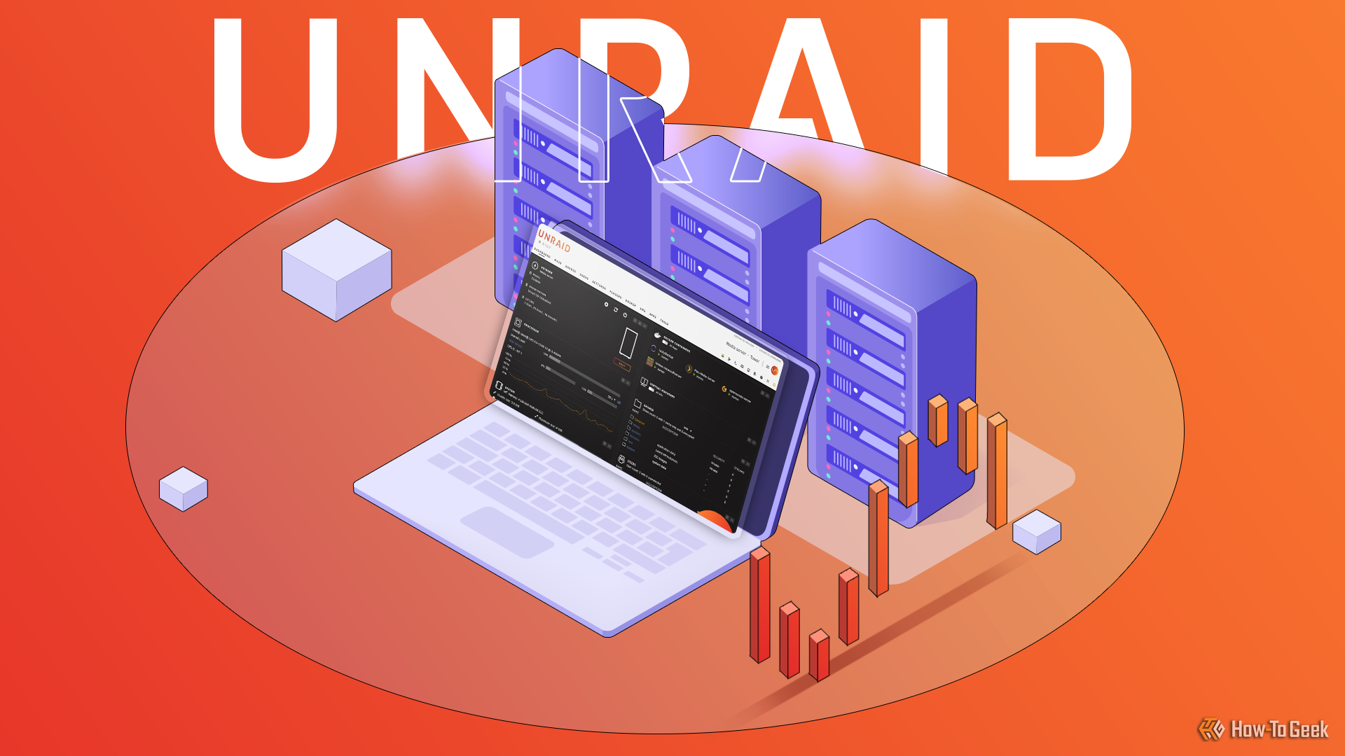 Isometric illustration of a laptop displaying the Unraid dashboard in front of several server towers, with graphs and data bars surrounding the scene.