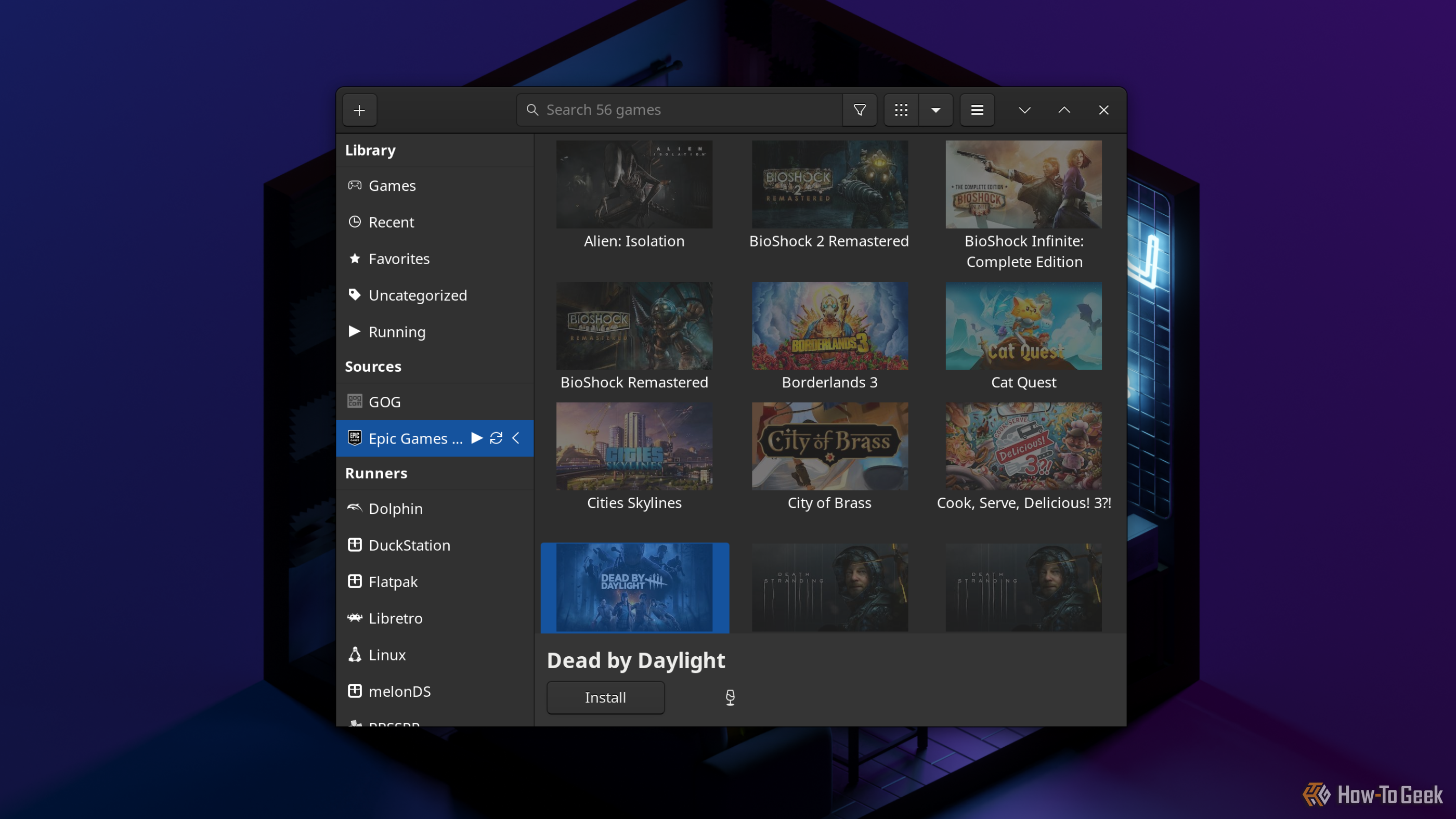Lutris Game Manager displaying purchases of epic game stores.
