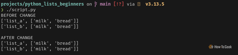 Python output displays two sets of two lists: before and after changes. None of the lists have changed.