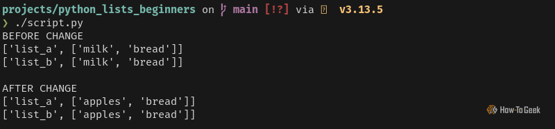 Python output displays two sets of two lists: before and after changes. The first set shows the original, unchanged lists. The second set shows that both lists have changed.