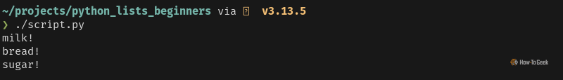 Python output that prints all three items of a list, each with an exclamation point appended to the end.