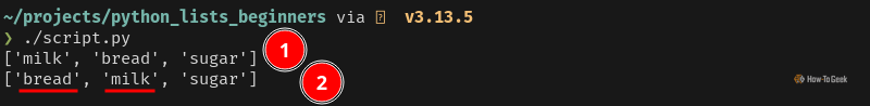 Python output that prints two lists. The first list is not sorted, but the second list is sorted alphabetically.