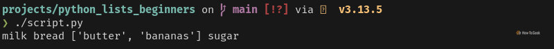 Python output that shows unpacked items. The first and second items are strings, the third is a list with two strings, and the fourth is a string.