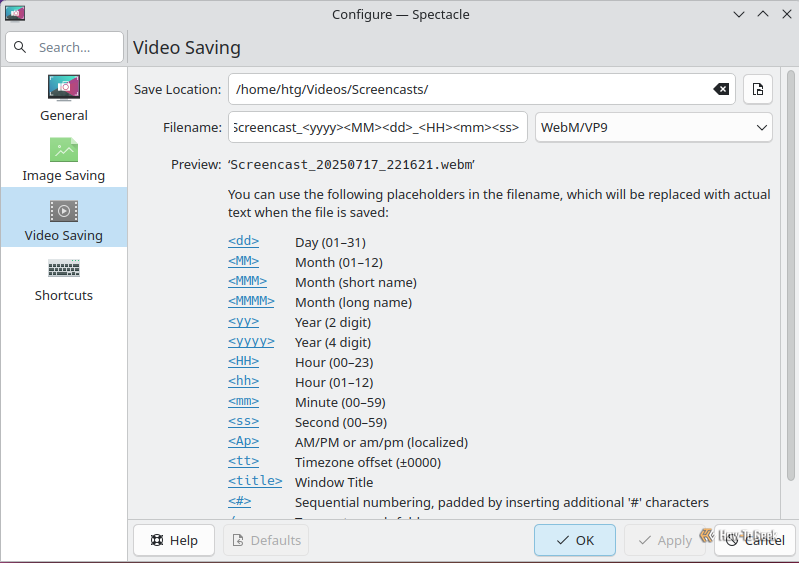 Video saving configuration options in Spectacle.