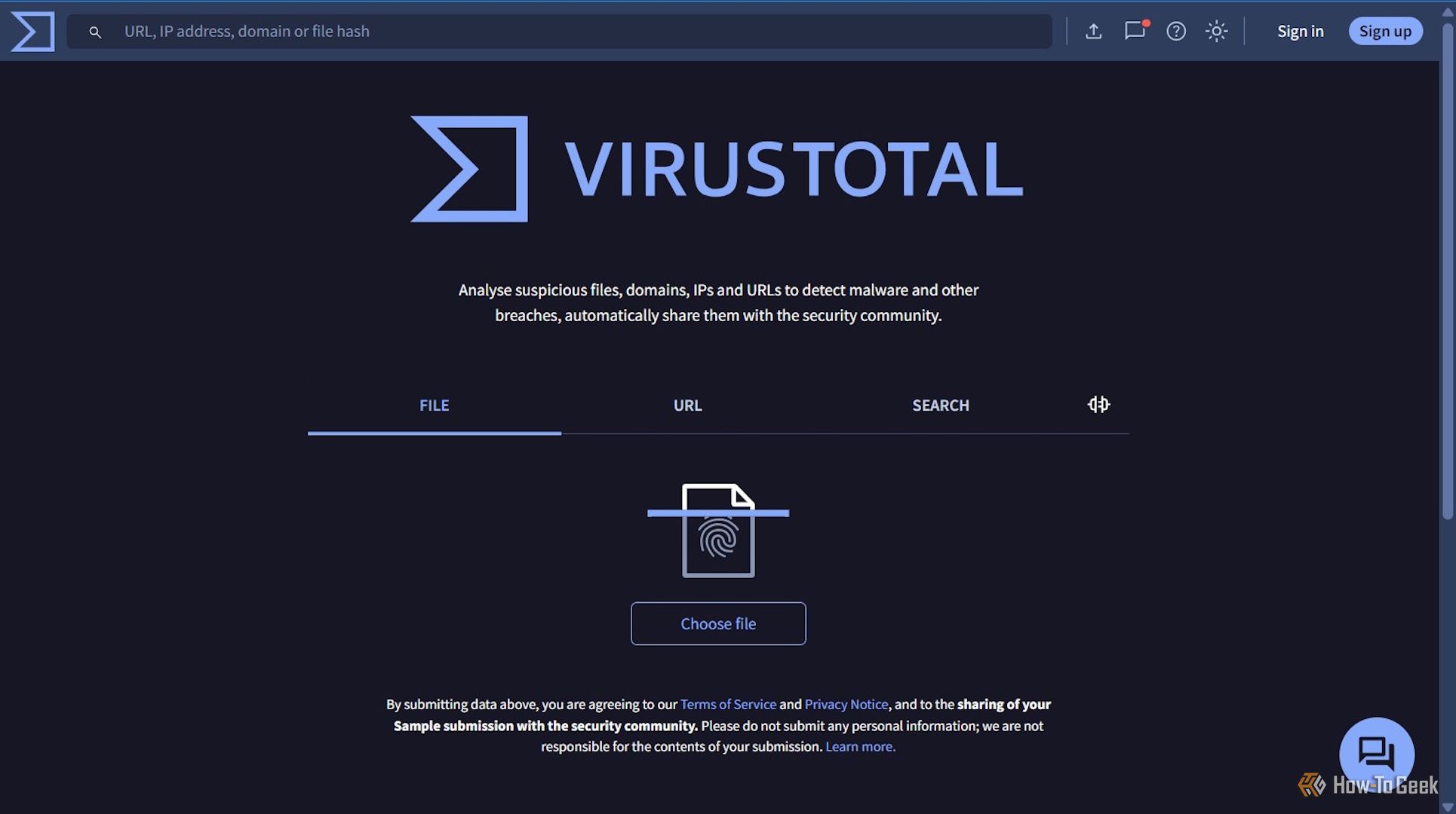 Image showing VirusTotal File Checker homepage