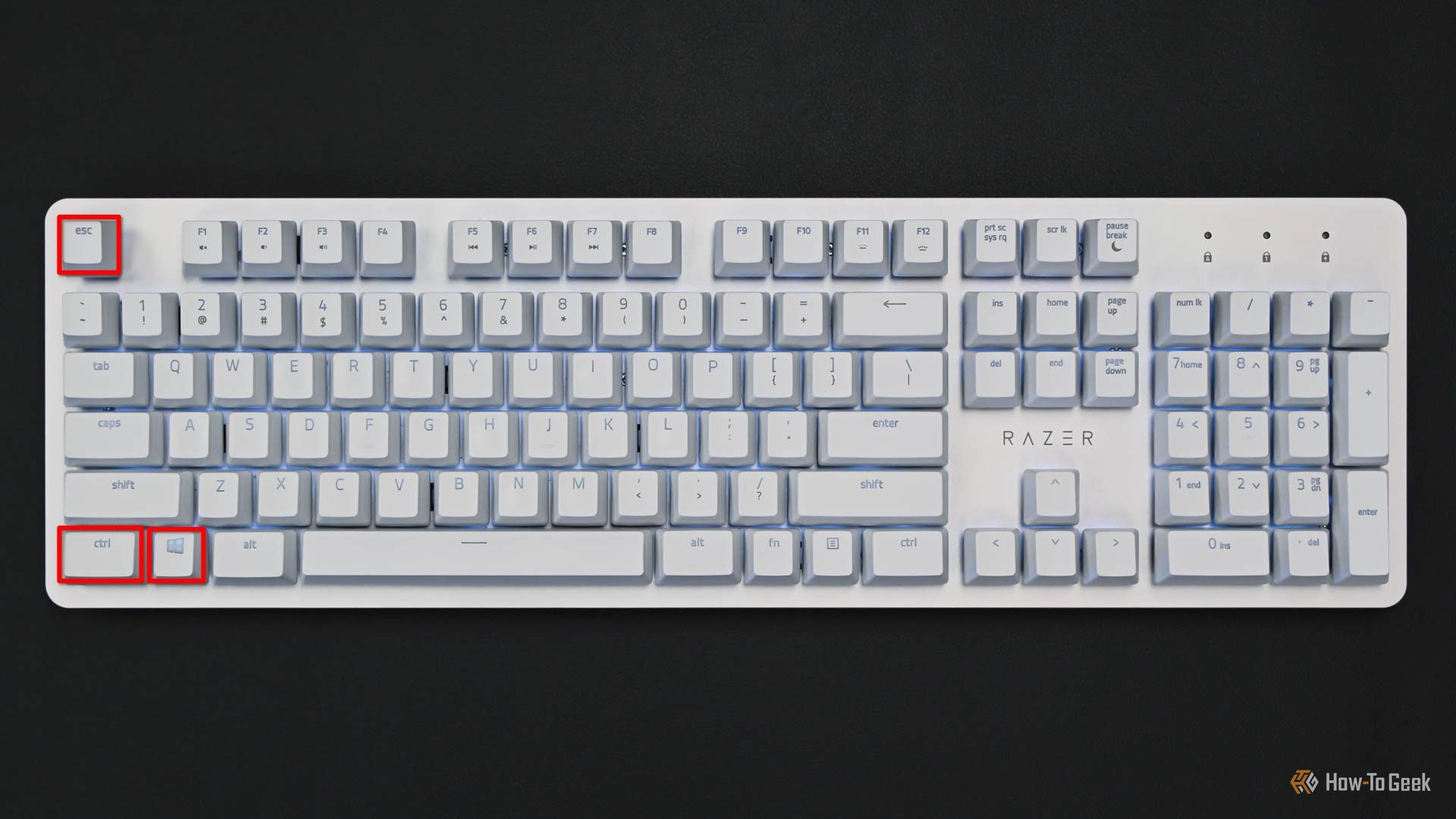 Белая клавиатура с выделенными клавишами Meta, Ctrl и Esc.