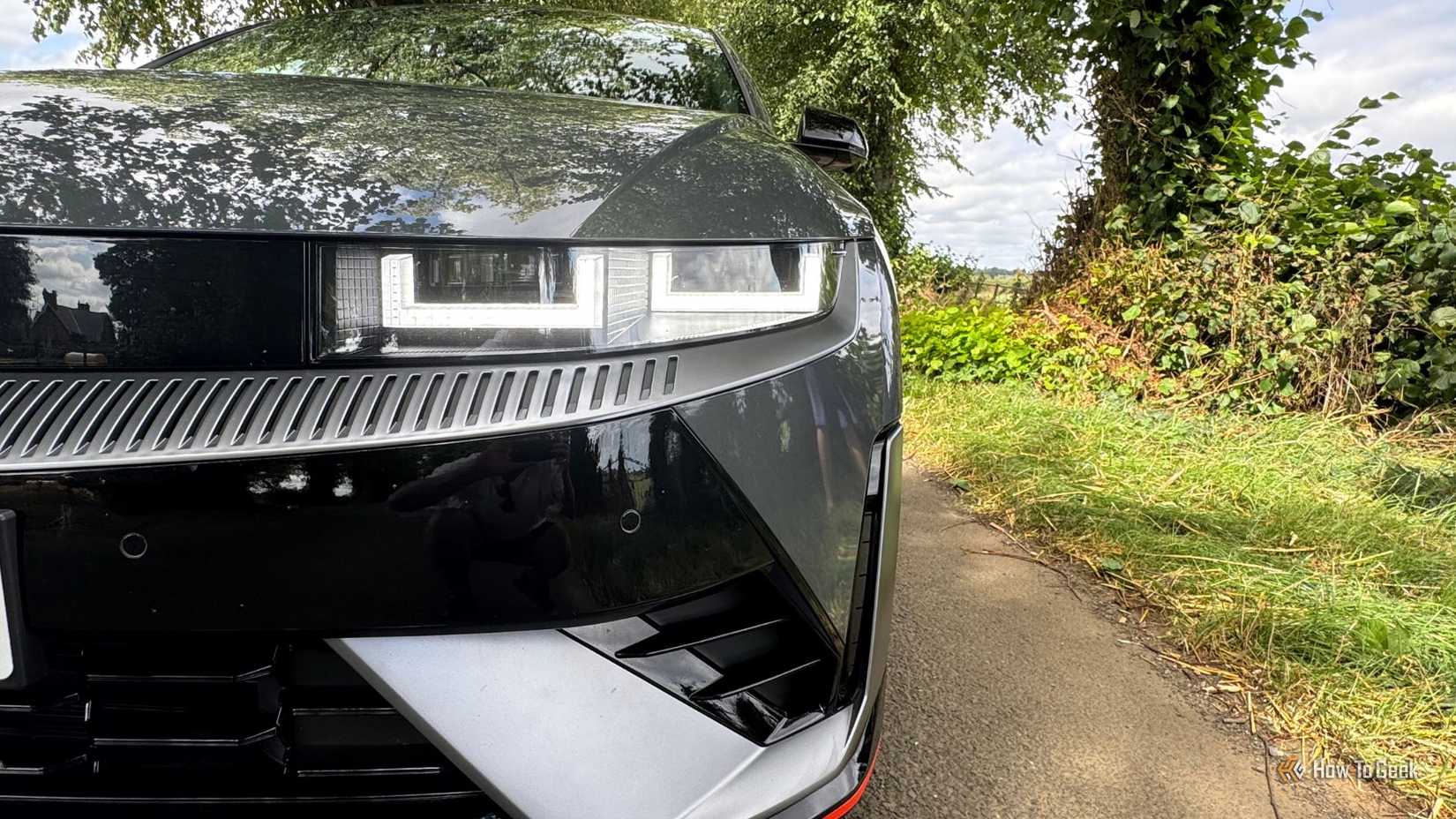 Close-up shot of the headlight on a gray 2025 Hyundai Ioniq 5 N.