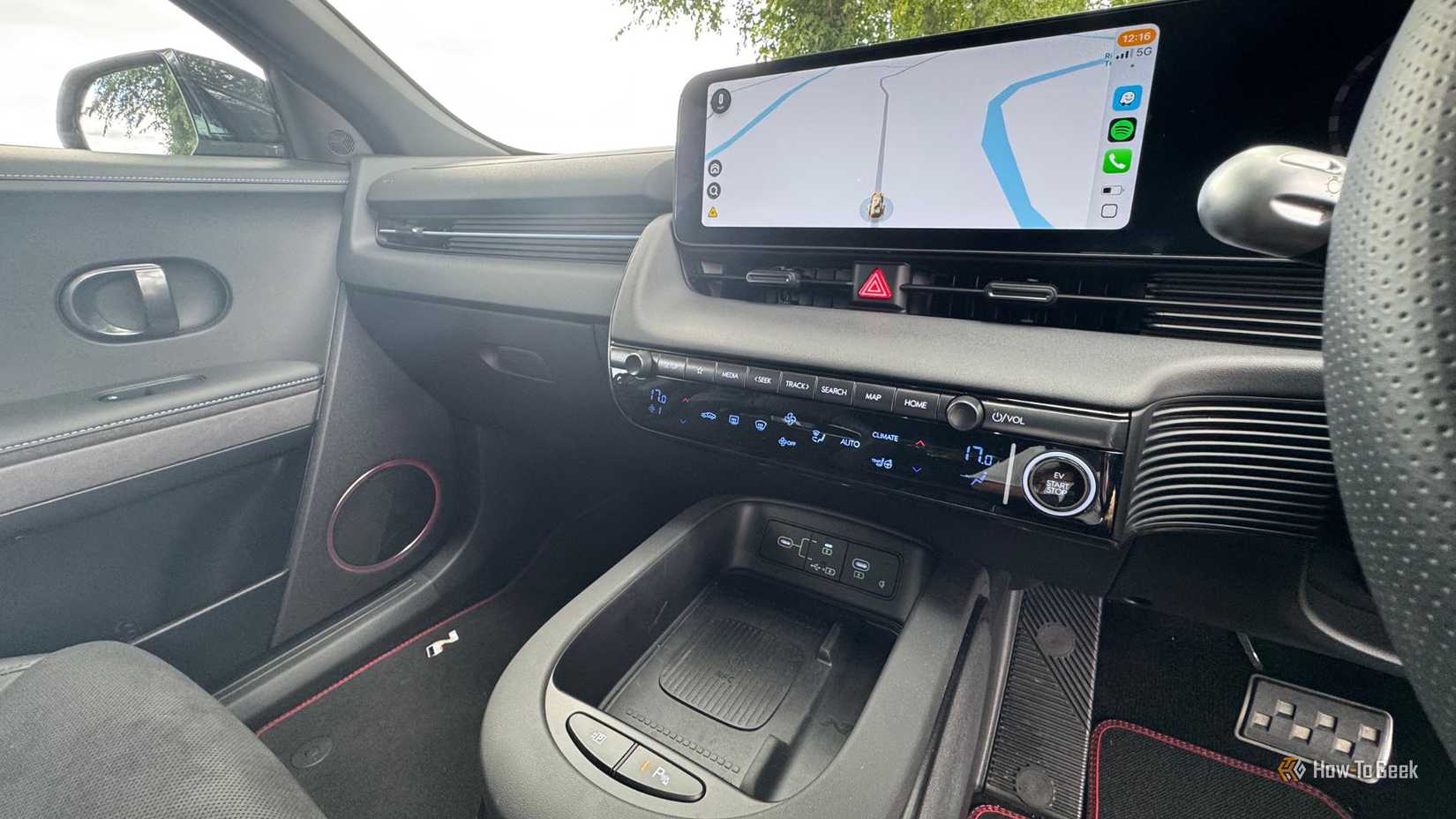 Close-up shot of the center console and infotainment screen in a 2025 Hyundai Ioniq 5 N.