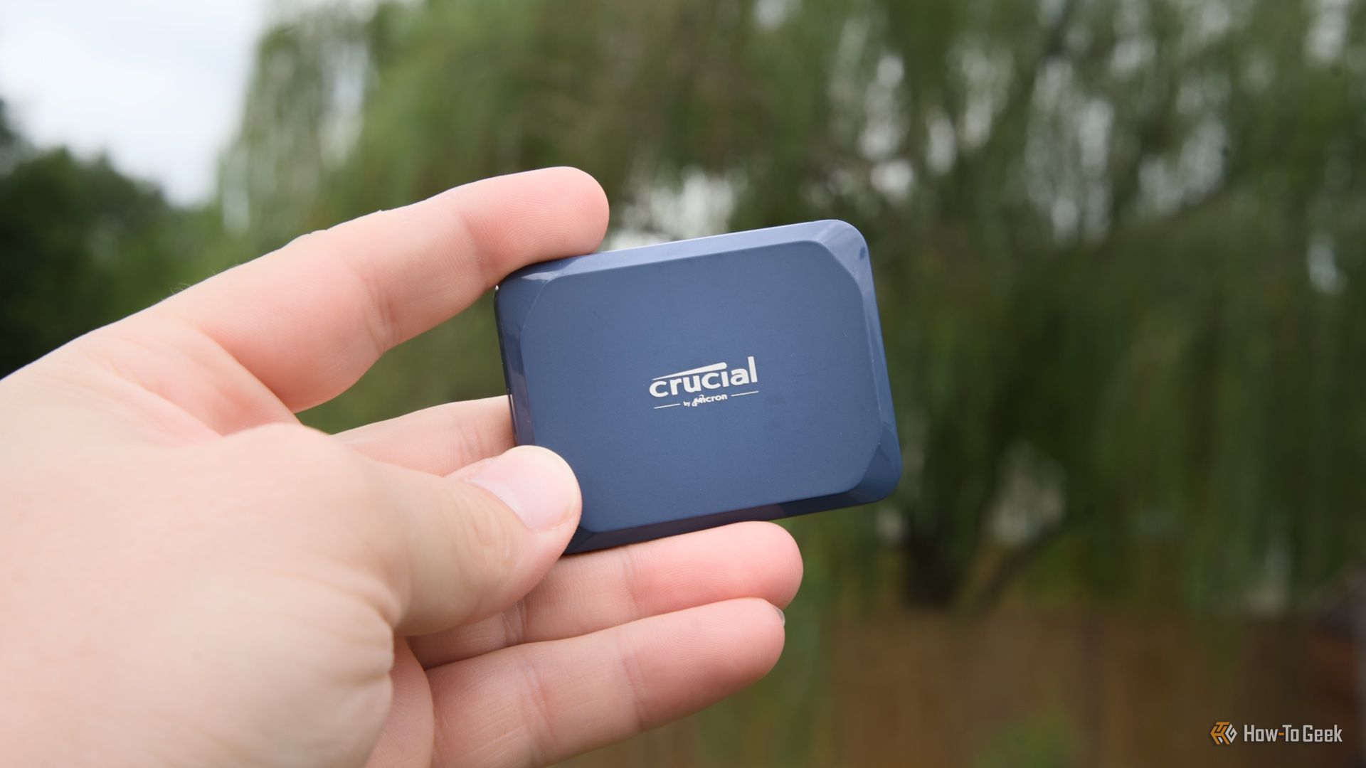 A hand holding the Crucial X10 portable SSD with a weeping willow tree in the background.