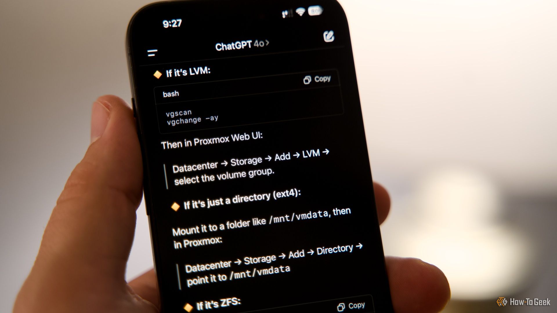 A ChatGPT response about file systems and logical volumes in a Proxmox setup on an iPhone.