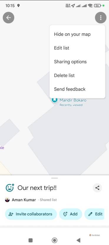 Delete List option in Google Maps.