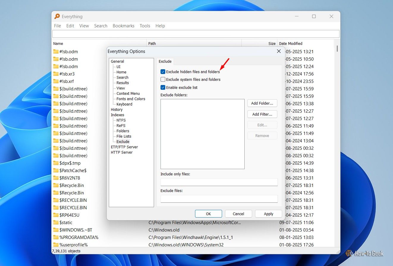 Exclude hidden files and folders option in the Everything app.-1