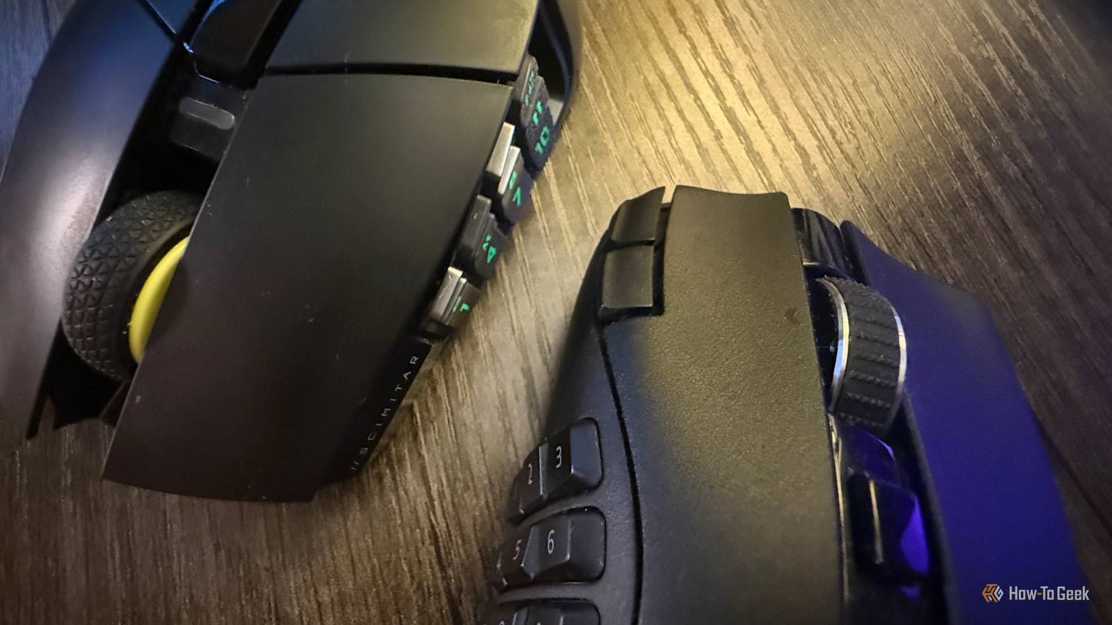 The mouse buttons of the Corsair Scimitar Elite Wireless SE gaming mouse and Razer Naga V2 Hyperspeed.