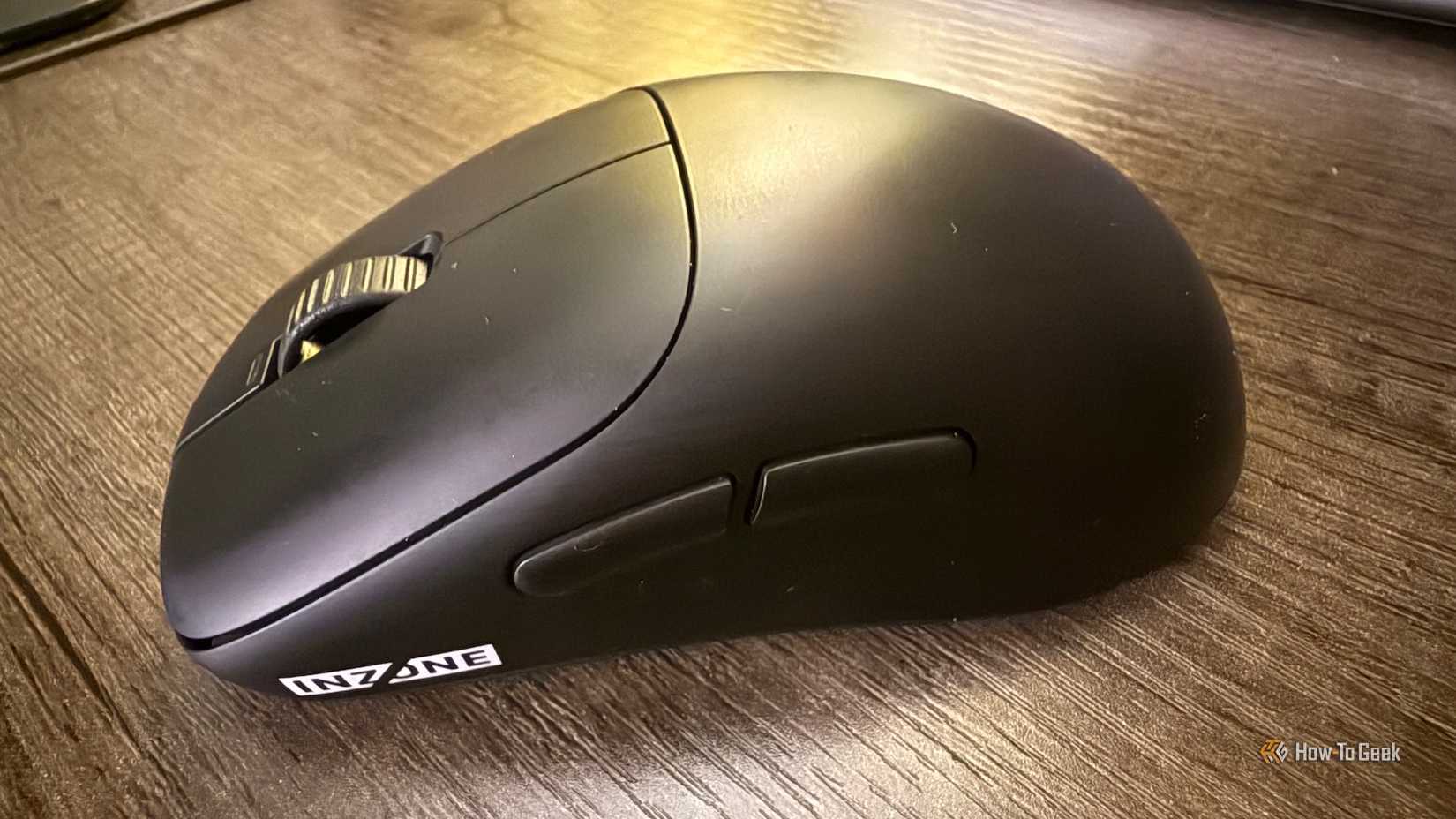 The Sony INZONE Mouse-A from an angle on a table.