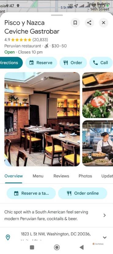 Menu option for a resturant in Google Maps.