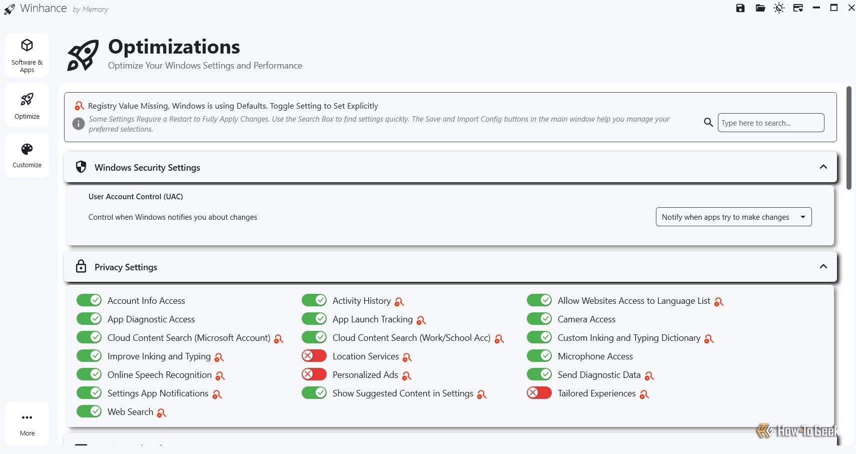 Optimization page on the Winhance app.