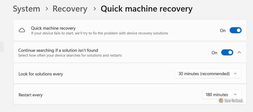 Меню Quick Machine Recovery в Windows 11.