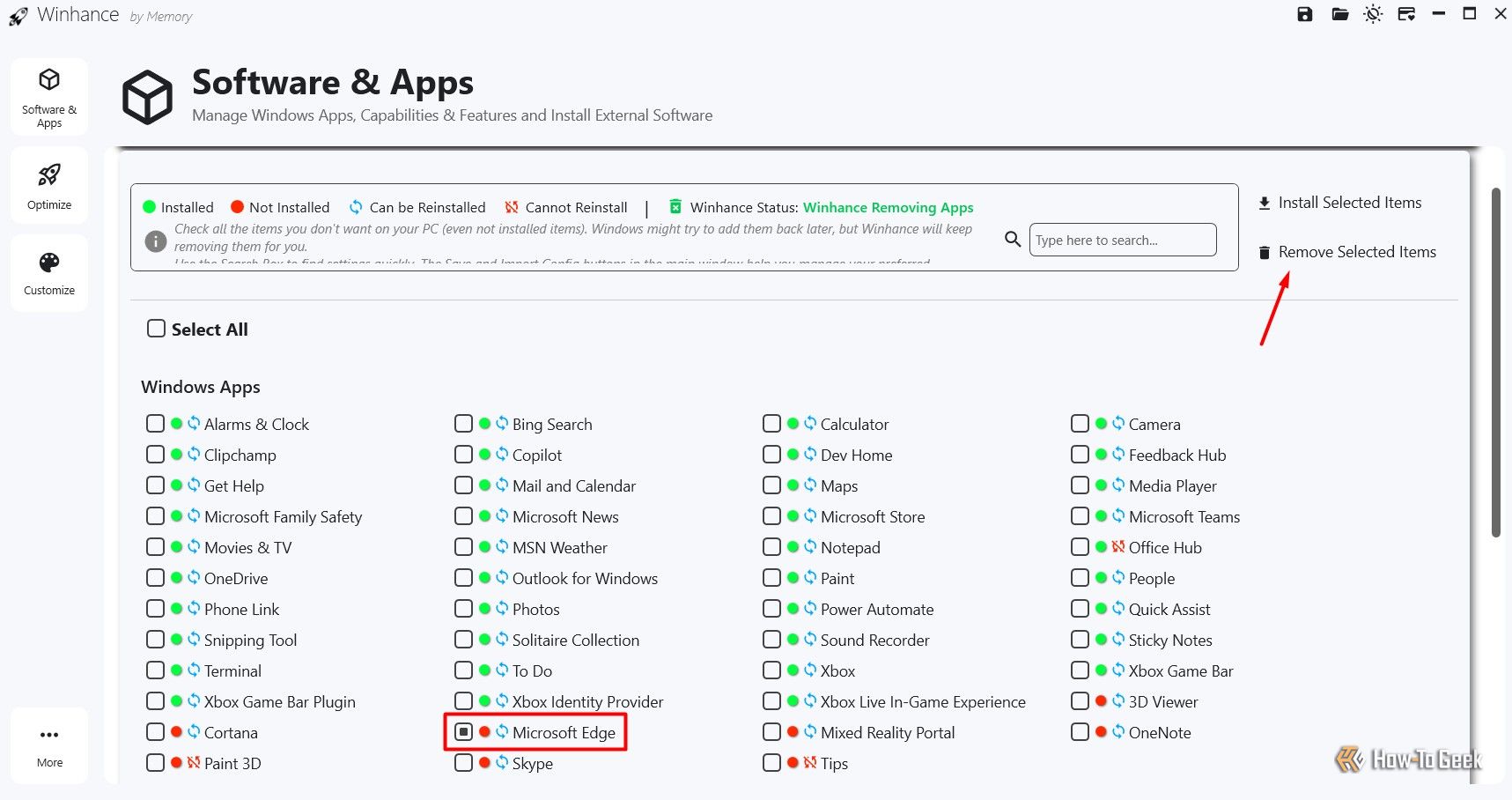 Remove selected items option in Winhance.
