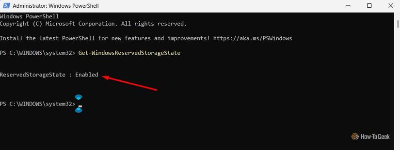 Reserved storage is enabled message in Windows PowerShell.