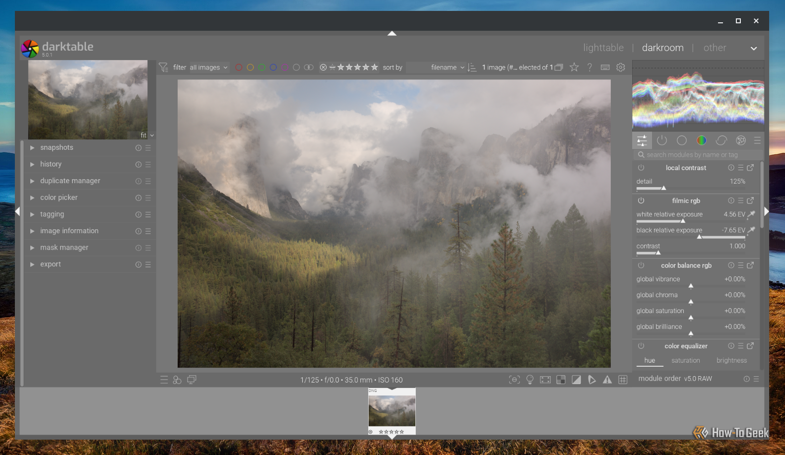 The Darktable RAW photo editing app opened on a Chromebook showing a picture of a mountain landscape.