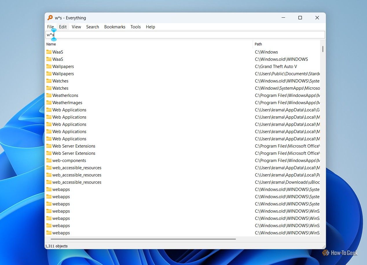 Searching for files starting with w and ending with s in the Everything app.-1