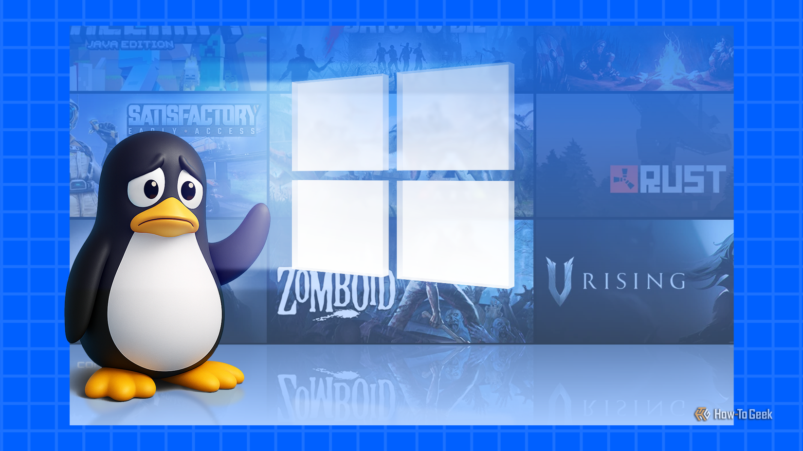 Грустный Тукс (пингвин — символ Linux) прощается с логотипом Windows, на фоне — обложки игр.
