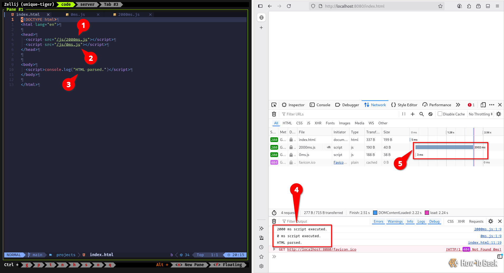 Two side-by-side windows: on the left, HTML code with two script tags—one with 2000 ms latency, one with none; on the right, a browser showing a graph where both scripts load simultaneously, illustrating parallel loading.
